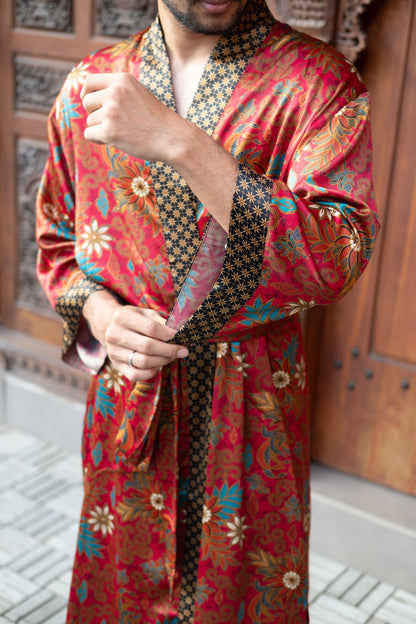 Red Bali Boho men's kimono robe, gift for loved one,silk kimono robe long, unisex kimono robe.