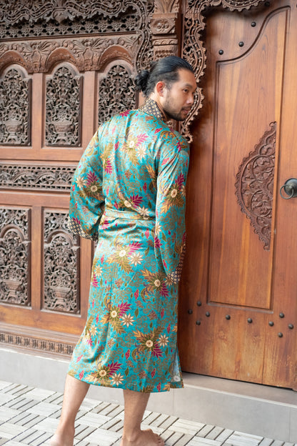 Men Kimono Robe Long  Handmade Turquoise Robe with Silk Touch, Unique Batik Design for Casual Luxury and Style