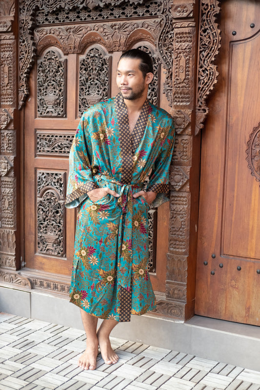 Men Kimono Robe Long  Handmade Turquoise Robe with Silk Touch, Unique Batik Design for Casual Luxury and Style