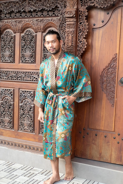 Men Kimono Robe Long  Handmade Turquoise Robe with Silk Touch, Unique Batik Design for Casual Luxury and Style