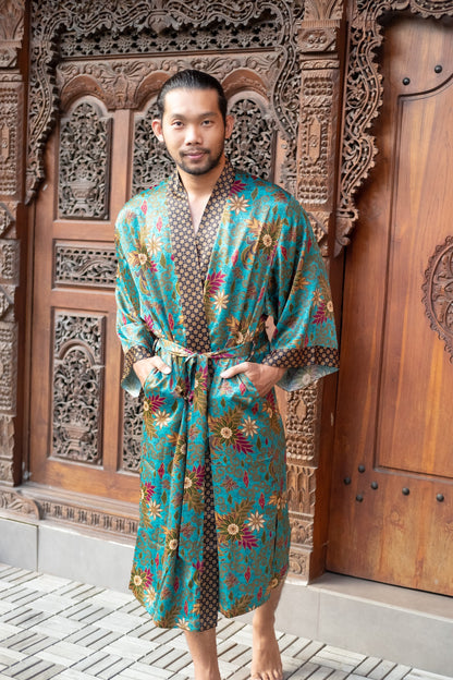Men Kimono Robe Long  Handmade Turquoise Robe with Silk Touch, Unique Batik Design for Casual Luxury and Style