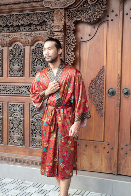 Red Bali Boho men's kimono robe, gift for loved one,silk kimono robe long, unisex kimono robe.