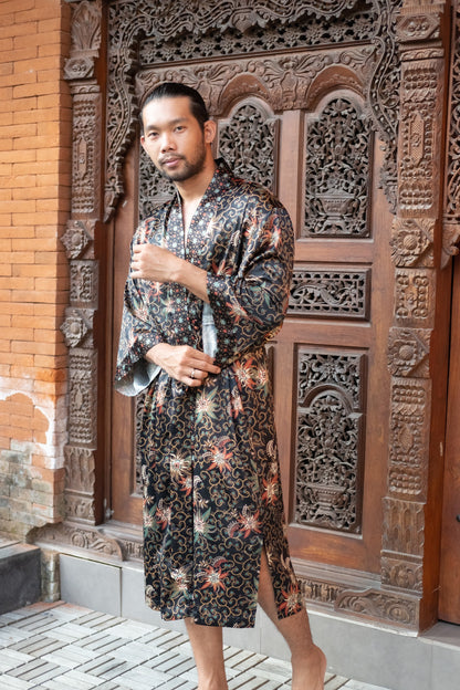 Black Men Robe, Silk Blend Kaftan, Kimono robe, Gift for men