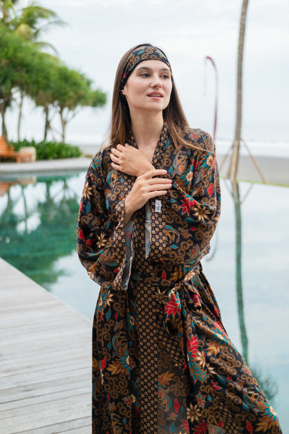Floral Atlas Silk Kimono Robe for Women - Java Bali Batik Long Floral Bridesmaid Night Gown - Bridal Party Wear Dress Christmas Gift for Her