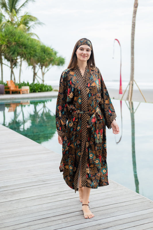 Floral Atlas Silk Kimono Robe for Women - Java Bali Batik Long Floral Bridesmaid Night Gown - Bridal Party Wear Dress Christmas Gift for Her