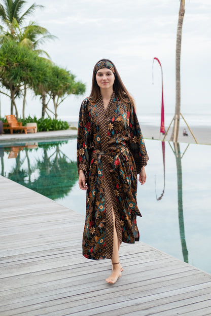 Floral Atlas Silk Kimono Robe for Women - Java Bali Batik Long Floral Bridesmaid Night Gown - Bridal Party Wear Dress Christmas Gift for Her