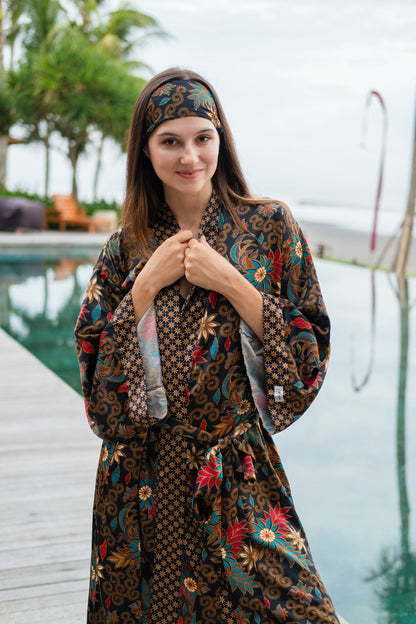 Floral Atlas Silk Kimono Robe for Women - Java Bali Batik Long Floral Bridesmaid Night Gown - Bridal Party Wear Dress Christmas Gift for Her