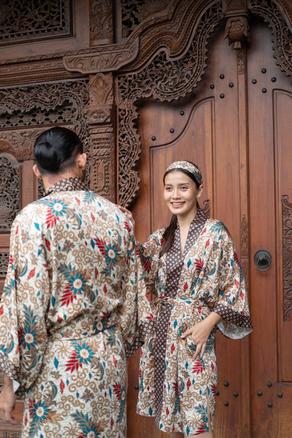 Couple Kimono Robe Set His and Hers Silk Blend Batik Handmade in Bali Unisex Gift Matching Boho Loungewear