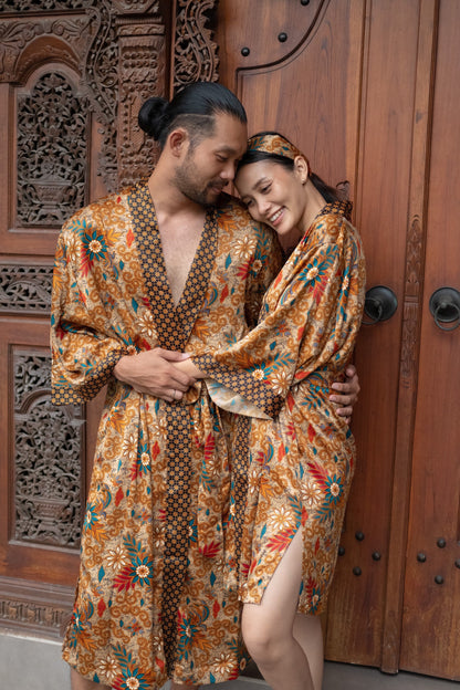 Boho silk Long kimono robe set for couples , Luxurious Silk Robe  kimono for Couples - Matching Set of 2 Atlas Silk kimono robe.