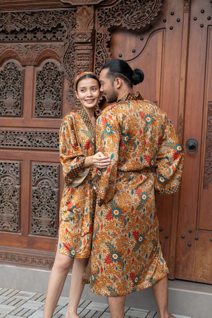 Boho silk Long kimono robe set for couples , Luxurious Silk Robe  kimono for Couples - Matching Set of 2 Atlas Silk kimono robe.