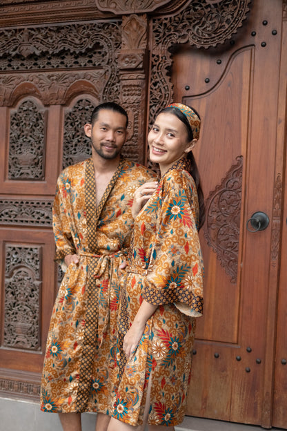 Boho silk Long kimono robe set for couples , Luxurious Silk Robe  kimono for Couples - Matching Set of 2 Atlas Silk kimono robe.
