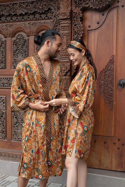 Boho silk Long kimono robe set for couples , Luxurious Silk Robe  kimono for Couples - Matching Set of 2 Atlas Silk kimono robe.