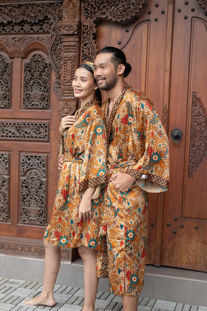 Set of 2 Atlas Silk Satin Blend Kaftan  Kimono robe long for couple Luxury resort robe Exotic bohemian Atlas Silk blend from Bali .