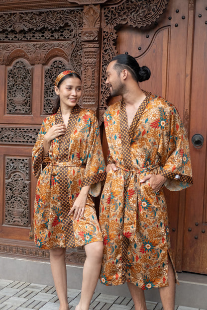 Boho silk Long kimono robe set for couples , Luxurious Silk Robe  kimono for Couples - Matching Set of 2 Atlas Silk kimono robe.