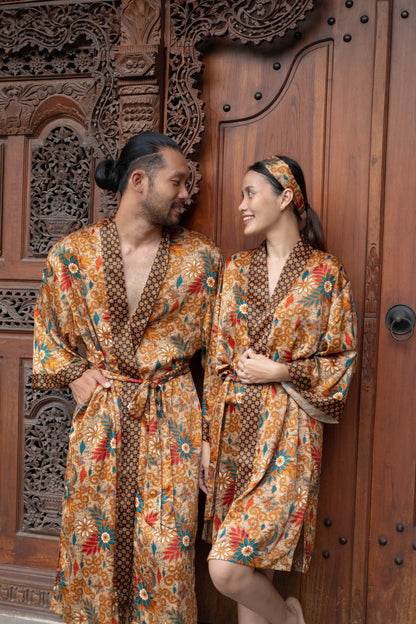 Boho silk Long kimono robe set for couples , Luxurious Silk Robe  kimono for Couples - Matching Set of 2 Atlas Silk kimono robe.