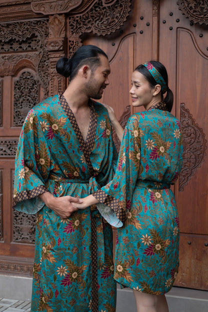 Matching Batik Kimono Robe Set: Atlas Silk Blend Bohemian Resort Wear