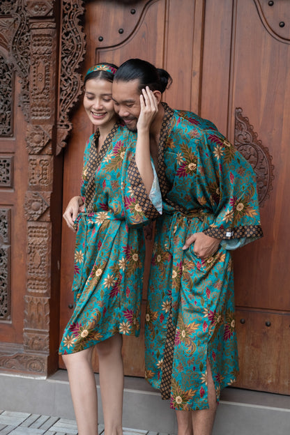 Matching Batik Kimono Robe Set: Atlas Silk Blend Bohemian Resort Wear