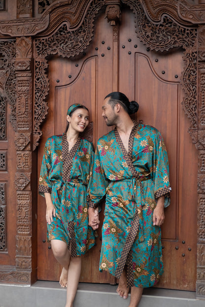 Matching Batik Kimono Robe Set: Atlas Silk Blend Bohemian Resort Wear