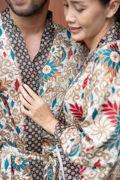 Couple Kimono Robe Set His and Hers Silk Blend Batik Handmade in Bali Unisex Gift Matching Boho Loungewear