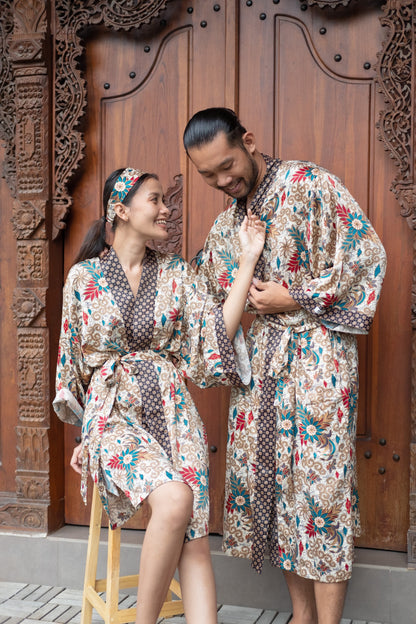 Couple Kimono Robe Set His and Hers Silk Blend Batik Handmade in Bali Unisex Gift Matching Boho Loungewear