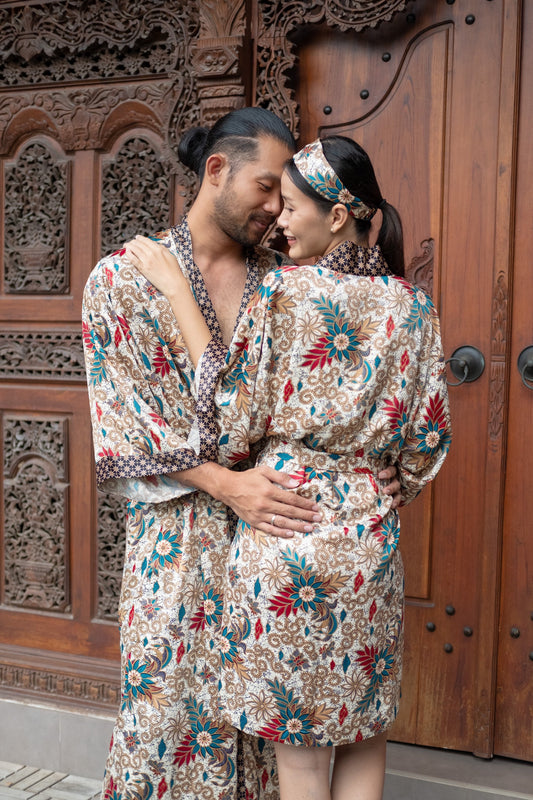 Couple Kimono Robe Set His and Hers Silk Blend Batik Handmade in Bali Unisex Gift Matching Boho Loungewear