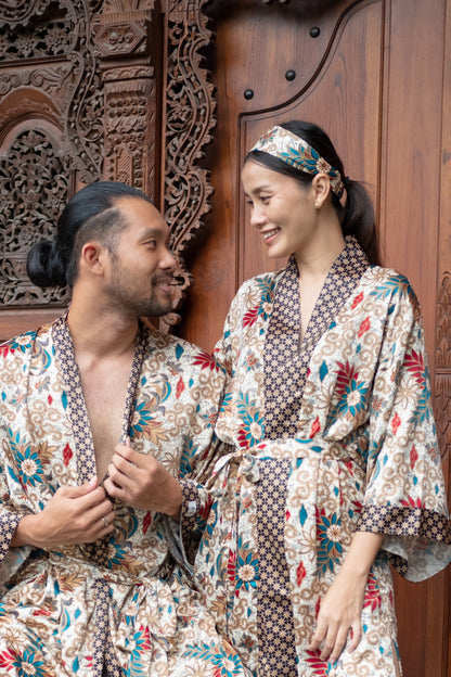 Couple Kimono Robe Set His and Hers Silk Blend Batik Handmade in Bali Unisex Gift Matching Boho Loungewear