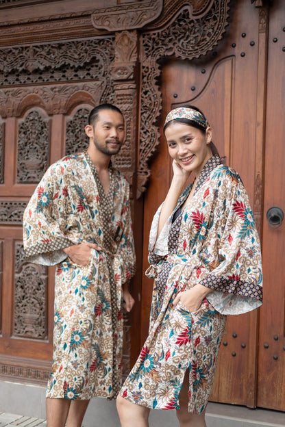 Couple Kimono Robe Set His and Hers Silk Blend Batik Handmade in Bali Unisex Gift Matching Boho Loungewear
