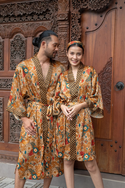 Boho silk Long kimono robe set for couples , Luxurious Silk Robe  kimono for Couples - Matching Set of 2 Atlas Silk kimono robe.