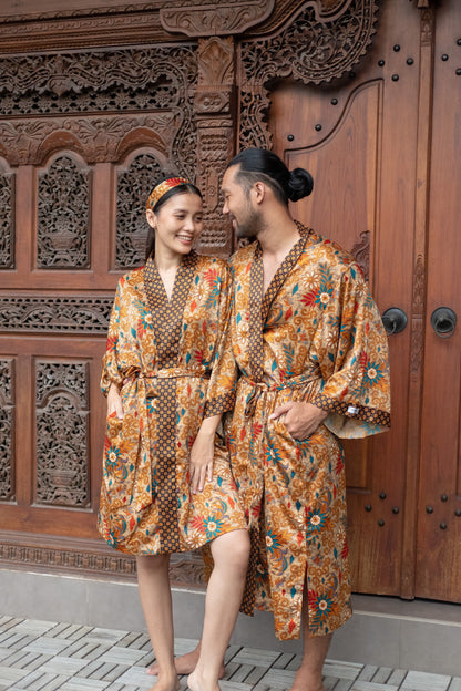 Boho silk Long kimono robe set for couples , Luxurious Silk Robe  kimono for Couples - Matching Set of 2 Atlas Silk kimono robe.