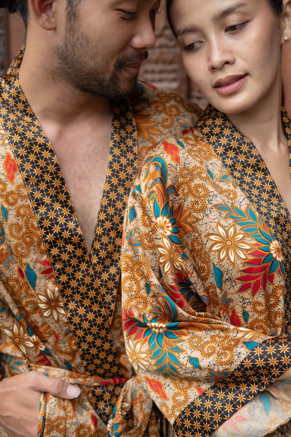 Boho silk Long kimono robe set for couples , Luxurious Silk Robe  kimono for Couples - Matching Set of 2 Atlas Silk kimono robe.