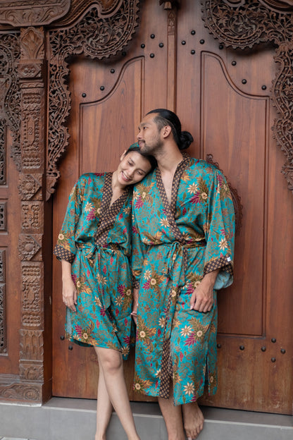 Matching Batik Kimono Robe Set: Atlas Silk Blend Bohemian Resort Wear