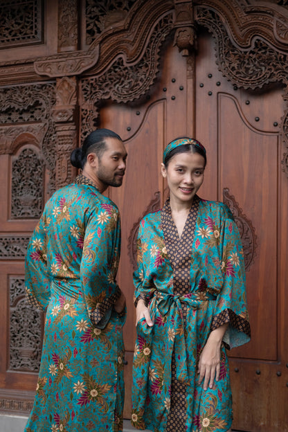 Matching Batik Kimono Robe Set: Atlas Silk Blend Bohemian Resort Wear