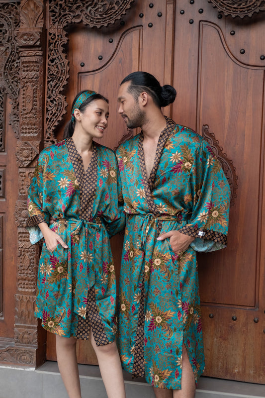 Matching Batik Kimono Robe Set: Atlas Silk Blend Bohemian Resort Wear