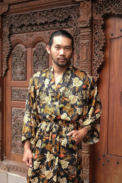 Boho Mens Silk Kimono Kaftan Robe - Long Sleeve Atlas Silk Satin blend Kaftan - Japanese Style Kimono Robe Gift for loved one -Festival Wear