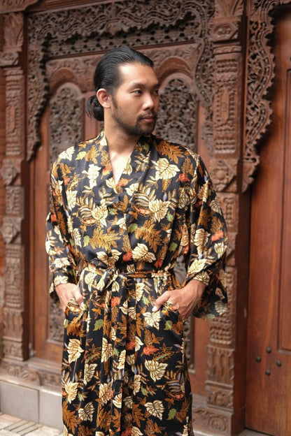 Boho Mens Silk Kimono Kaftan Robe - Long Sleeve Atlas Silk Satin blend Kaftan - Japanese Style Kimono Robe Gift for loved one -Festival Wear