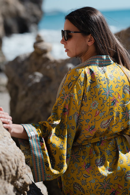 Short Silk Kimono robe Silk Blend Bali Java Batik Vacation Robe Gift Atlas Silk Blend kimono robe iis Gift for Women