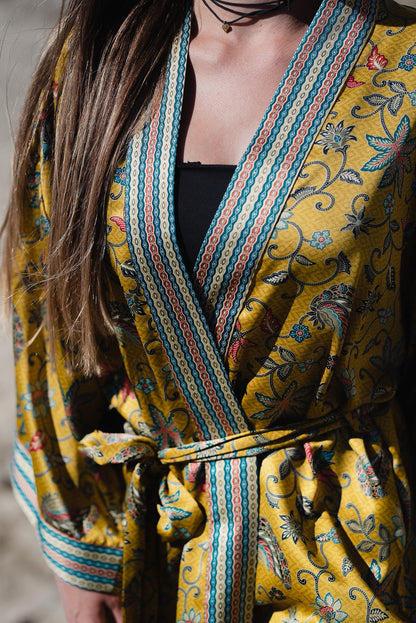 Short Silk Kimono robe Silk Blend Bali Java Batik Vacation Robe Gift Atlas Silk Blend kimono robe iis Gift for Women