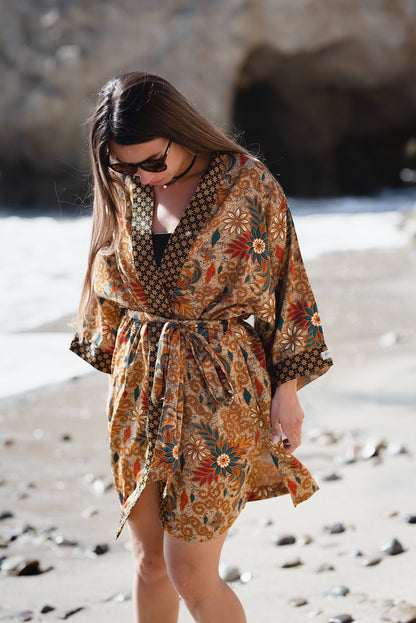 Boho Style Bali Batik Short Silk Kimono Robe - Kaftan Kimono Robe Bali Batik Silk Blend - Kimono Caftan Robe Women Gift - Dressing Gown