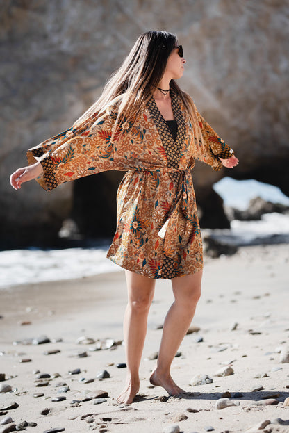 Boho Style Bali Batik Short Silk Kimono Robe - Kaftan Kimono Robe Bali Batik Silk Blend - Kimono Caftan Robe Women Gift - Dressing Gown