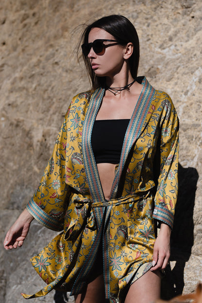 Short Silk Kimono robe Silk Blend Bali Java Batik Vacation Robe Gift Atlas Silk Blend kimono robe iis Gift for Women