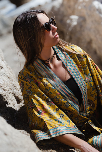 Short Silk Kimono robe Silk Blend Bali Java Batik Vacation Robe Gift Atlas Silk Blend kimono robe iis Gift for Women