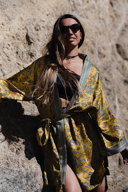 Short Silk Kimono robe Silk Blend Bali Java Batik Vacation Robe Gift Atlas Silk Blend kimono robe iis Gift for Women