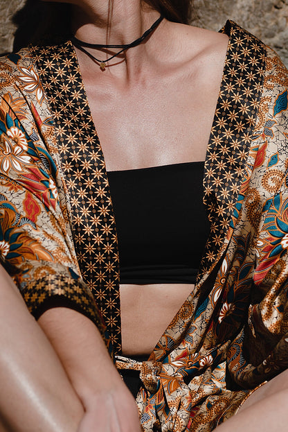 Boho Style Bali Batik Short Silk Kimono Robe - Kaftan Kimono Robe Bali Batik Silk Blend - Kimono Caftan Robe Women Gift - Dressing Gown