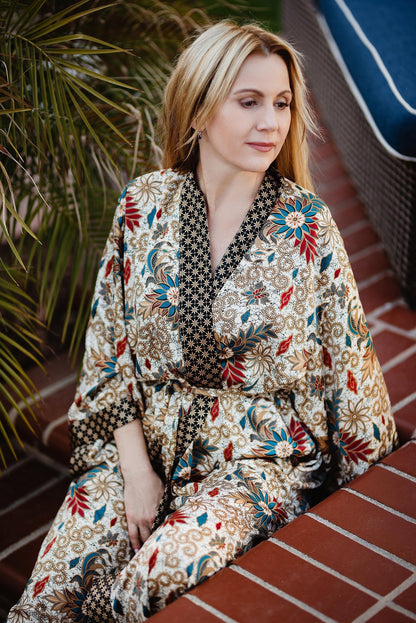 Exotic Elegance Silk Blend Bali Batik Kaftan Kimono Robe Luxurious Comfort Handcrafted Bali Batik Kaftan Kimono Robe