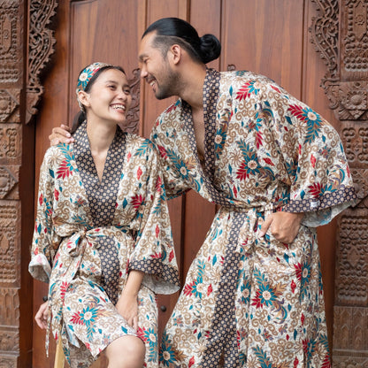 Couple Kimono Robe Set His and Hers Silk Blend Batik Handmade in Bali Unisex Gift Matching Boho Loungewear