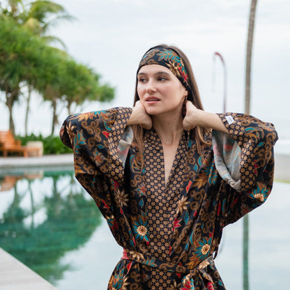 Floral Atlas Silk Kimono Robe for Women - Java Bali Batik Long Floral Bridesmaid Night Gown - Bridal Party Wear Dress Christmas Gift for Her