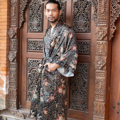 Black Men Robe, Silk Blend Kaftan, Kimono robe, Gift for men