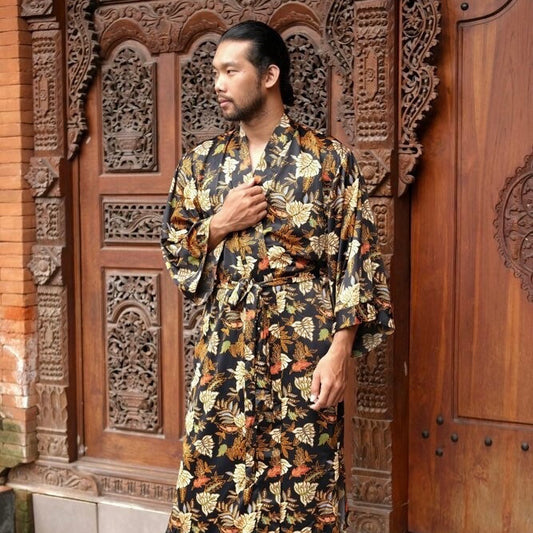 Boho Mens Silk Kimono Kaftan Robe - Long Sleeve Atlas Silk Satin blend Kaftan - Japanese Style Kimono Robe Gift for loved one -Festival Wear