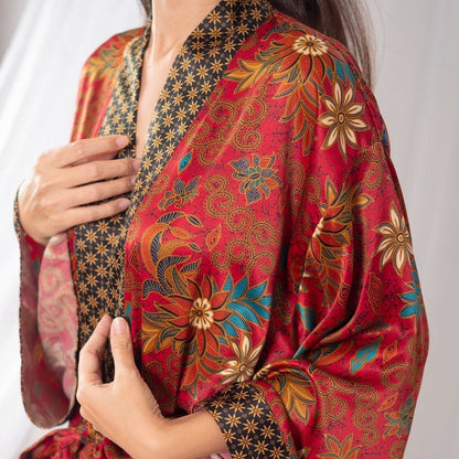 Red Silk Kimono Robe - Boho  Bali Batik Robe for Women & Men - Floral Long Robe for Wedding, Spa, Lounge, Gift.