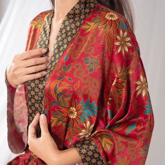 Red Silk Kimono Robe - Boho  Bali Batik Robe for Women & Men - Floral Long Robe for Wedding, Spa, Lounge, Gift.